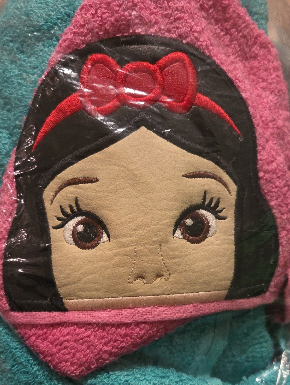 Pink and Teal Hooded Kids Towel with Embroidered Face
